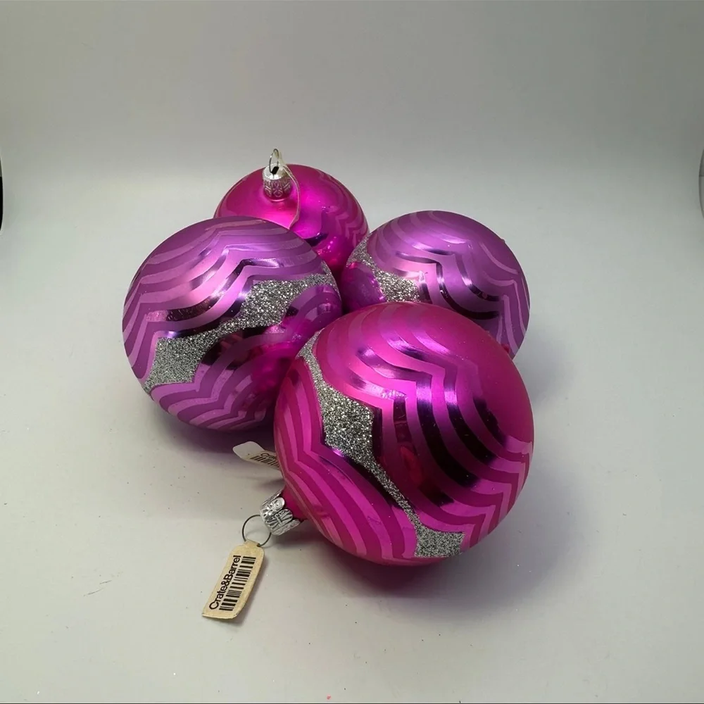 Vintage Crate&Barrel Pink Glass Christmas Ornaments Lot of 4 New Old Stock